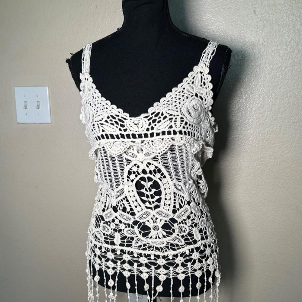 Say What? Y2K Cream Crochet Lace Cami Tank Top Boho Fringe Festival Womens M